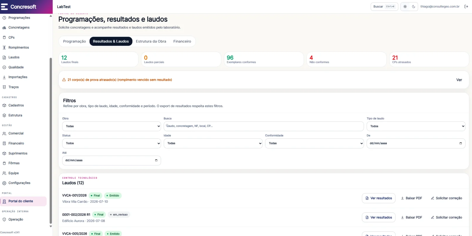 Portal do cliente — resultados e laudos