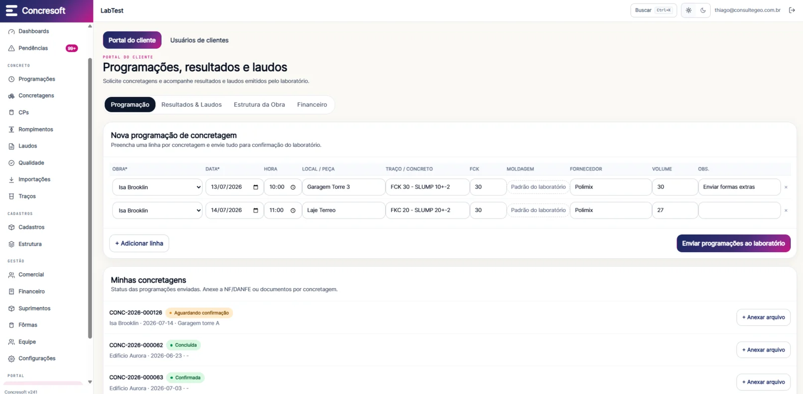 Portal do cliente — nova programação de concretagem